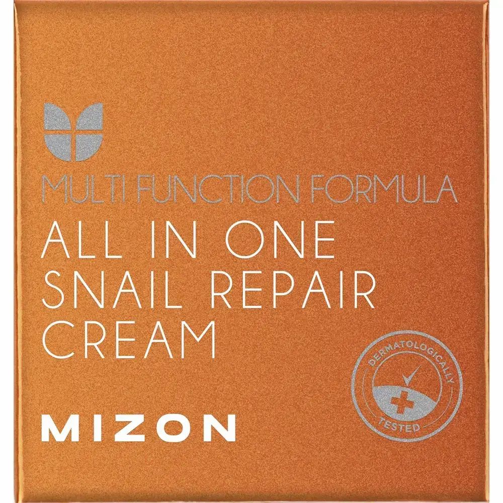 Orangefarbene Schachtel mit Aufschrift: ALL IN ONE SNAIL REPAIR CREAM. Marke: MIZON. Dermatologisch getestet.