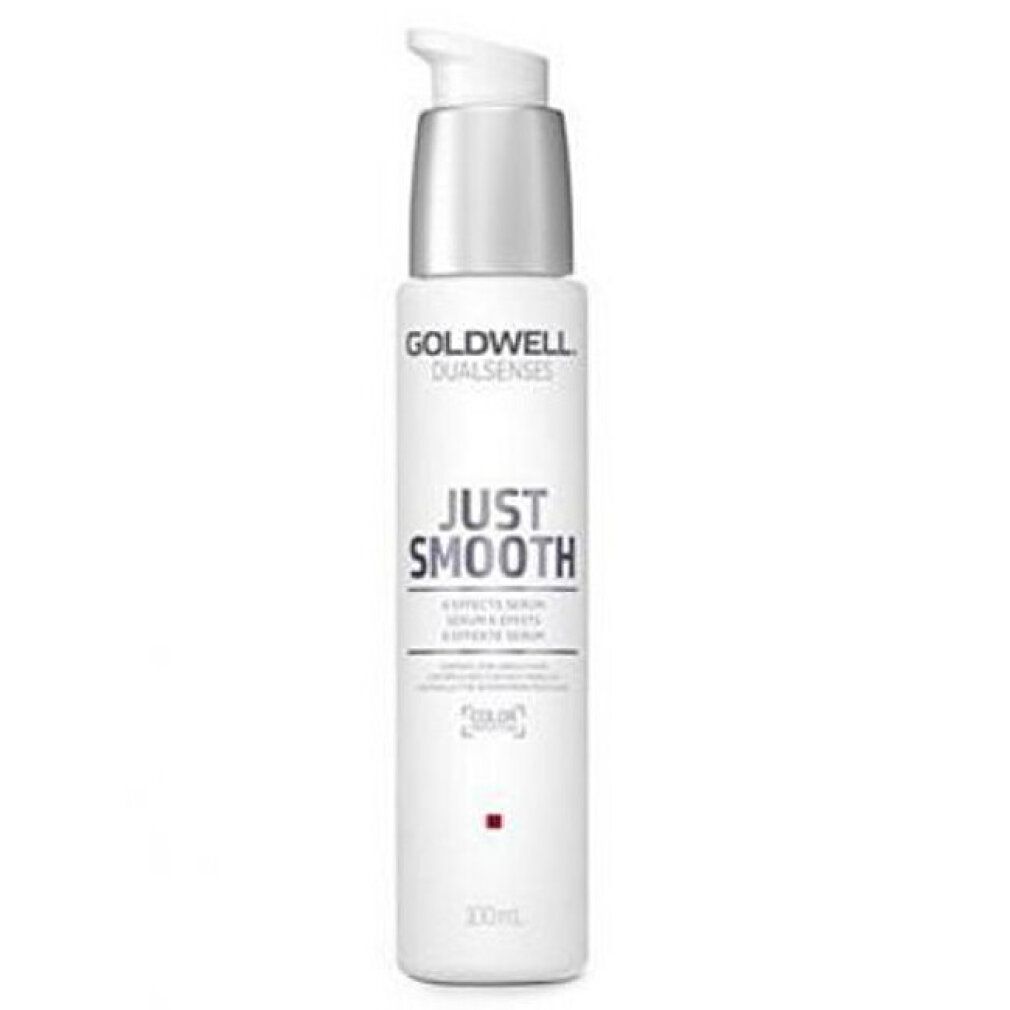 Weißes Serum mit silbernem Pumpkopf. Aufschrift: Goldwell Dualsenses, Just Smooth. Enthält 6 Effekte Serum. 100ml.