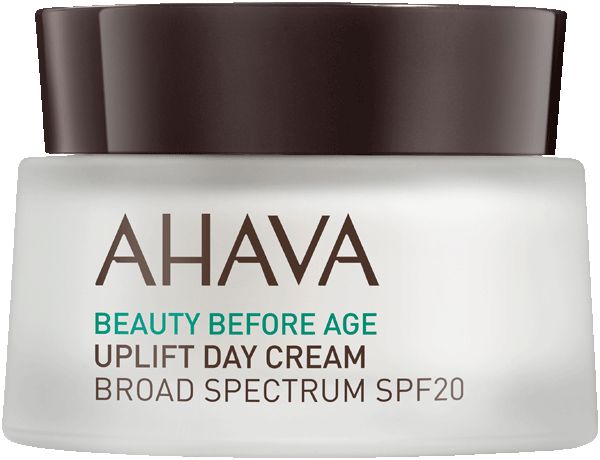 Creme-Tiegel mit braunem Deckel. Aufschrift: AHAVA, BEAUTY BEFORE AGE, UPLIFT DAY CREAM, BROAD SPECTRUM SPF20.