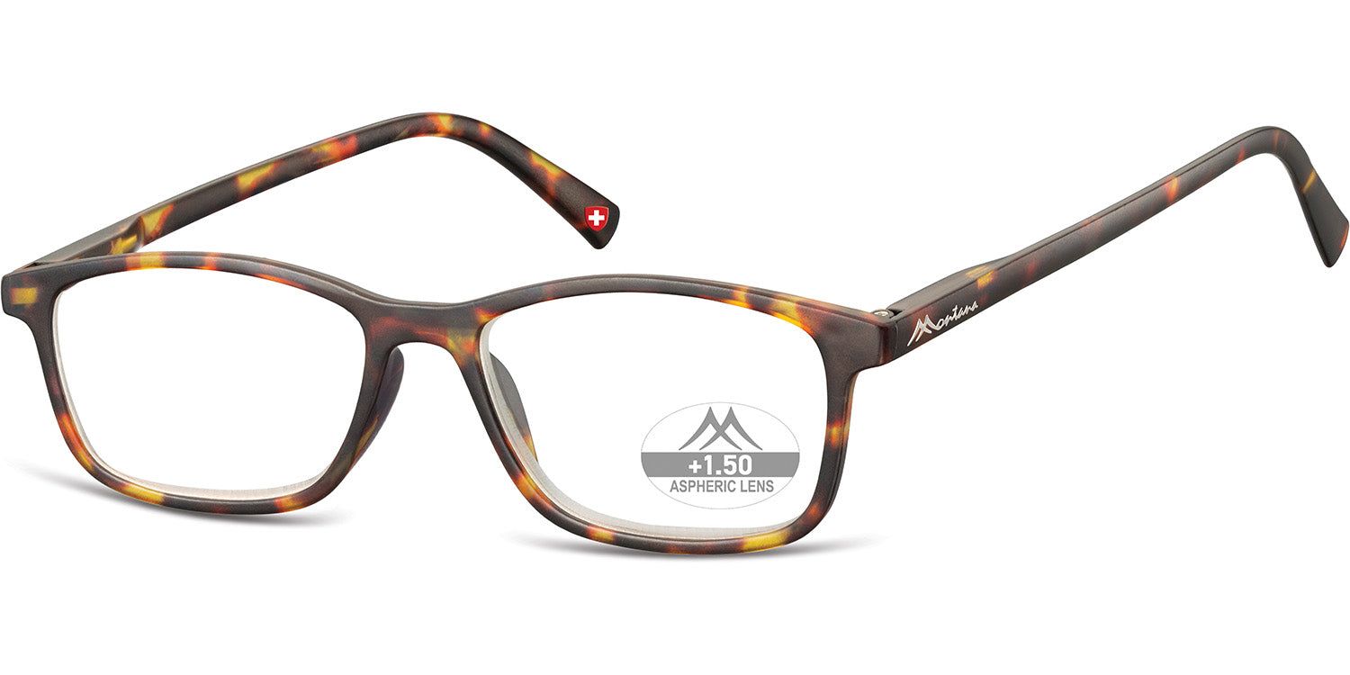 Brille mit braunem Gestell, rechteckigen Gläsern und +1.50-Kennzeichnung. Montana Eyewear Logo und Schweizer Kreuz.