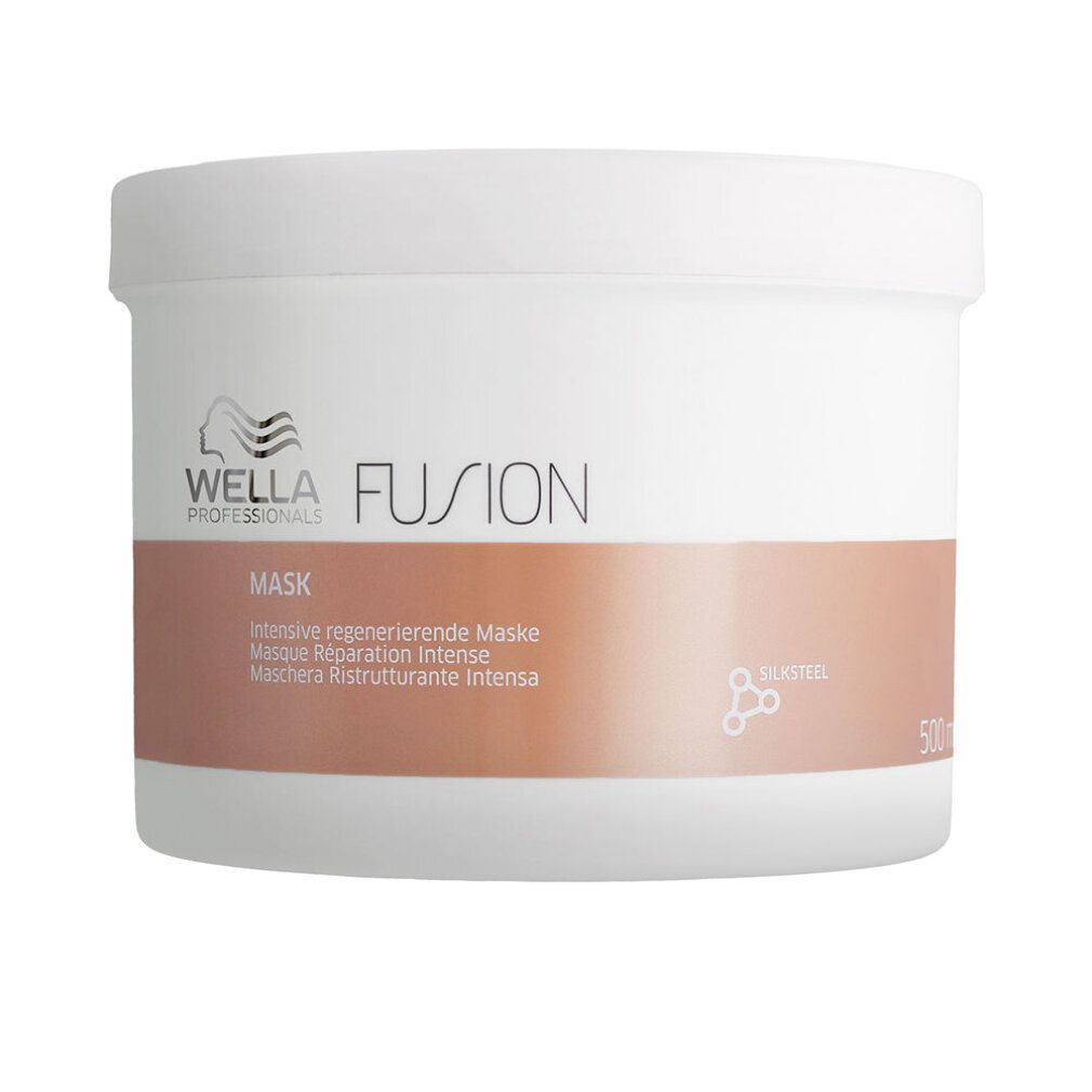Weißer Tiegel mit kupferfarbenem Band. Aufschrift: FUSION Mask, Intensive regenerierende Maske. Logo: Wella.