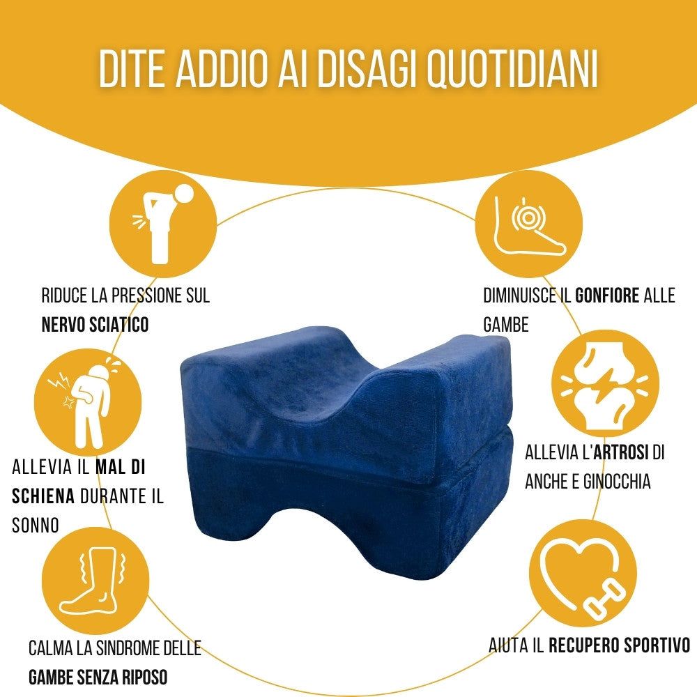 Schema: vantaggi del cuscino per ginocchia. Riduce dolore, gonfiore, allevia l'artrosi, supporta lo sport.