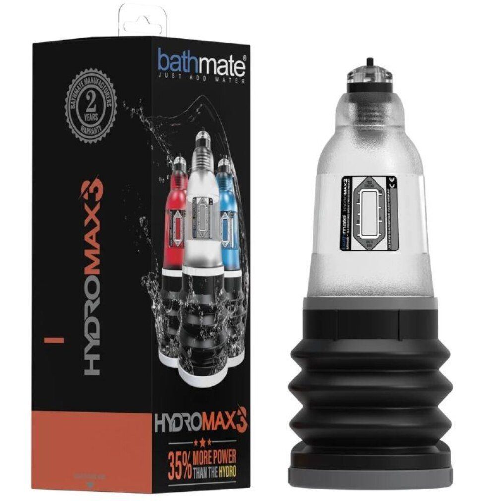 Bathmate Hydromax3 und seine Verpackung. Klare Pumpe mit schwarzem Balg.