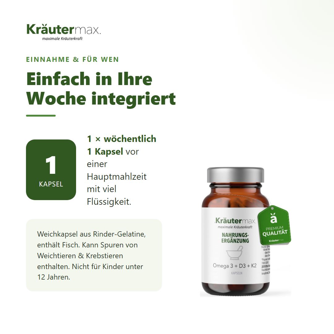 Checkliste mit Qualitätsmerkmalen: Nach Kräutermax Rezeptur, Laktosefrei, Glutenfrei, Ohne synthetische Farbstoffe, Mit Vitamin E.
