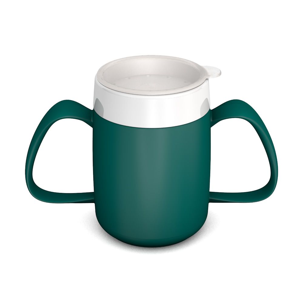 Becher mit zwei Henkeln, grün und weiß. Deckel mit Trinköffnung. Kunststoff.