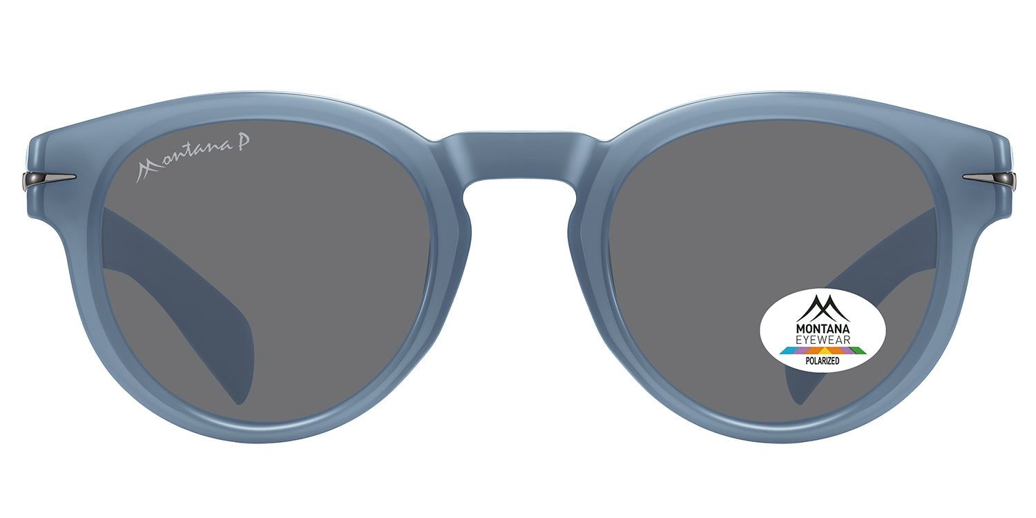 Hellblaue Sonnenbrille mit runden Gläsern. Montana Eyewear Logo auf dem Bügel und Glas. Polarisierte Gläser.