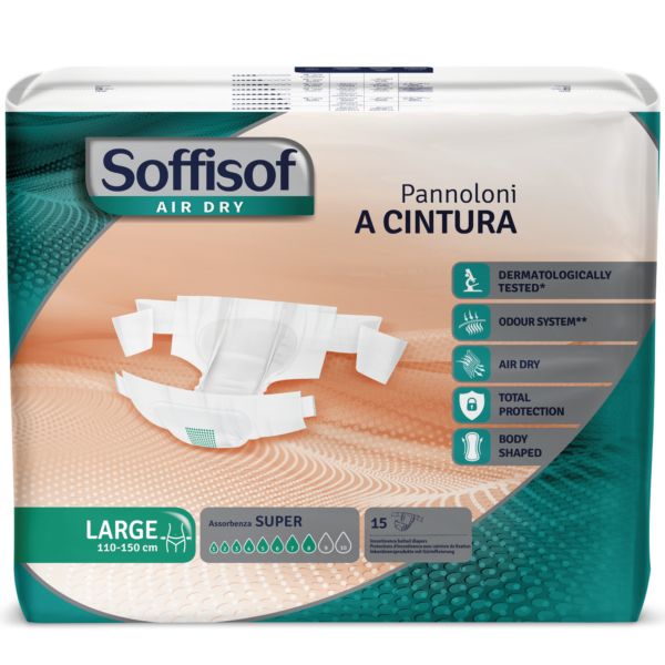 Verpackung Soffisof Inkontinenzschutz mit Hüftbund Super, Größe L. Enthält 15 Stück. Mit Produktmerkmalen und Zertifizierungen.
