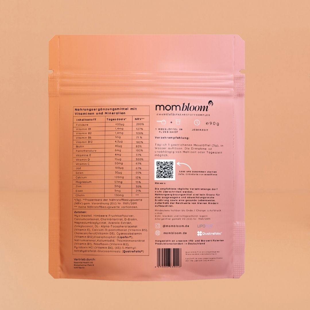 Rückseite der mombloom® Essentials Verpackung. Inhaltsstoffe, QR-Code, Logo, Kontaktinformationen.