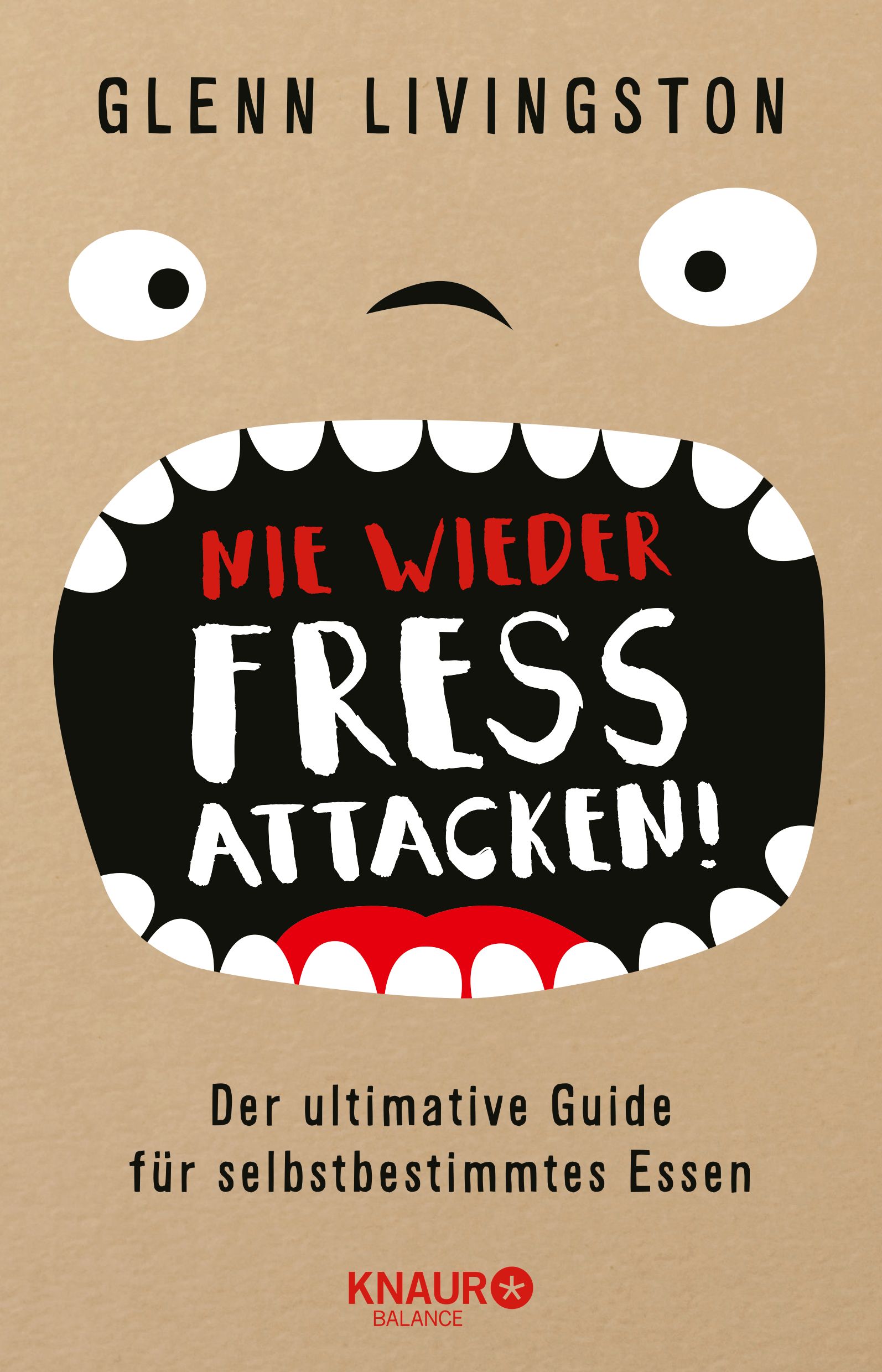 Buchcover mit Titel "Nie wieder Fressattacken!". Autor: Glenn Livingston. Verlag: Knaur Balance. Illustration: Mund mit Zähnen.