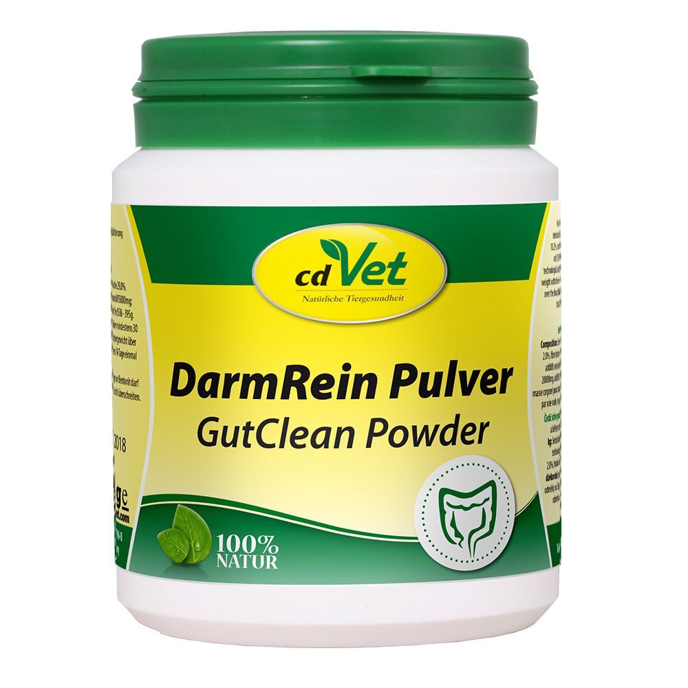 Weiße Dose mit grünem Deckel. Aufschrift 'cdVet DarmRein Pulver'. Logo und Text in deutscher Sprache.