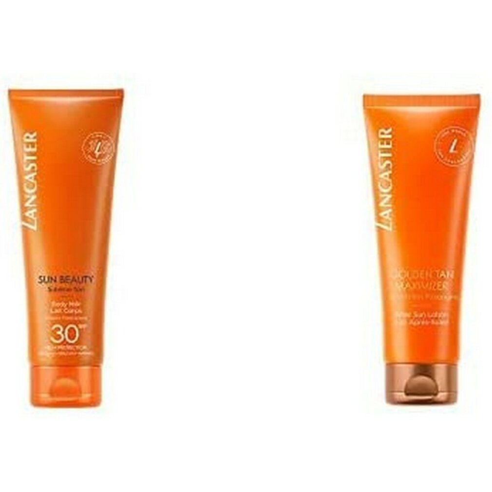 Zwei Lancaster Sonnenpflege-Tuben: Sublime Tan Body Milk SPF30 und Golden Tan Moisturizer.