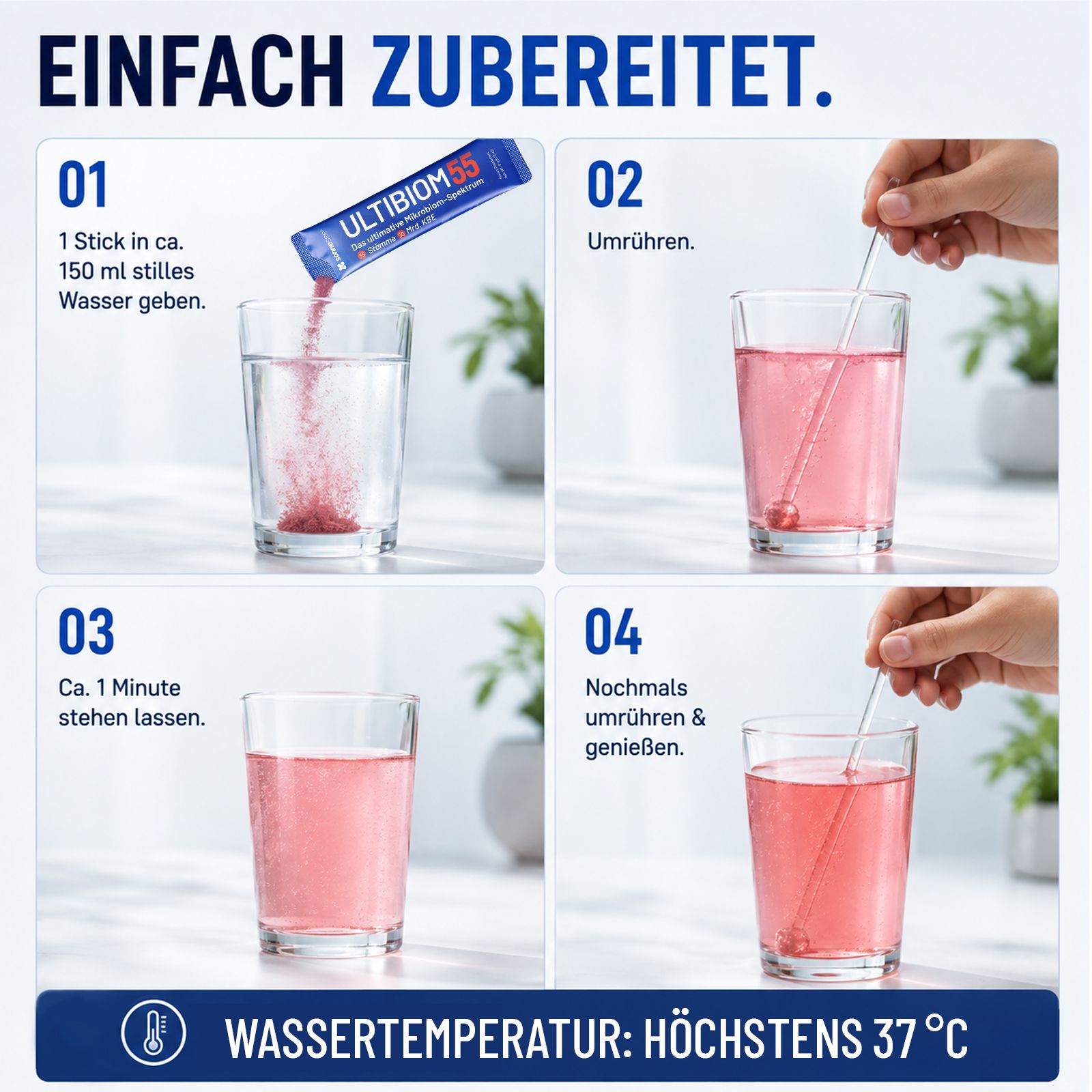 Einfache Zubereitung: ULTIBIOM 55 Stick in Wasser geben, umrühren, 1 Minute stehen lassen, genießen.