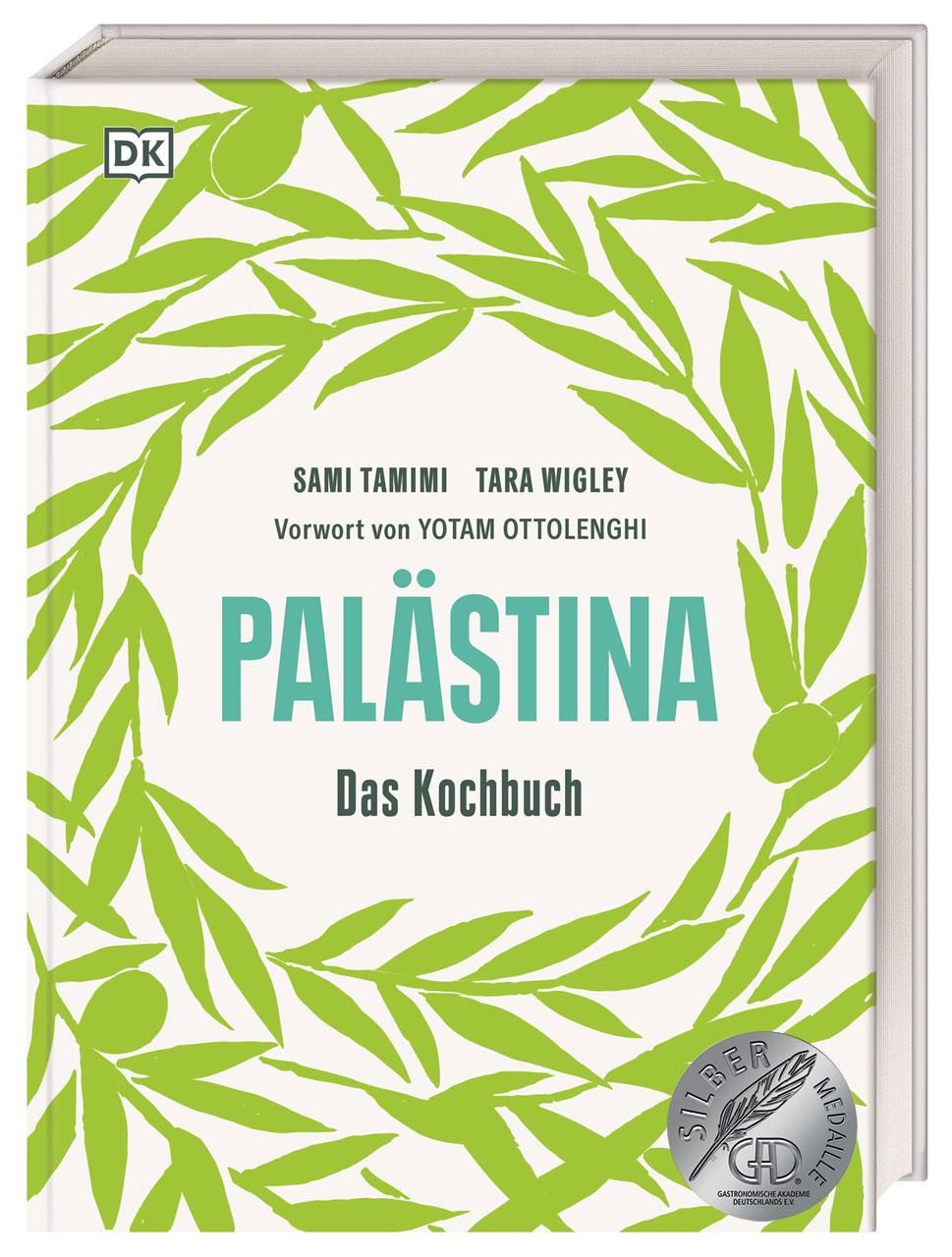 Buchcover: Palästina Das Kochbuch. Grün-weißes Design mit Blättern. Titel und Autoren sichtbar. Silberne Medaille.