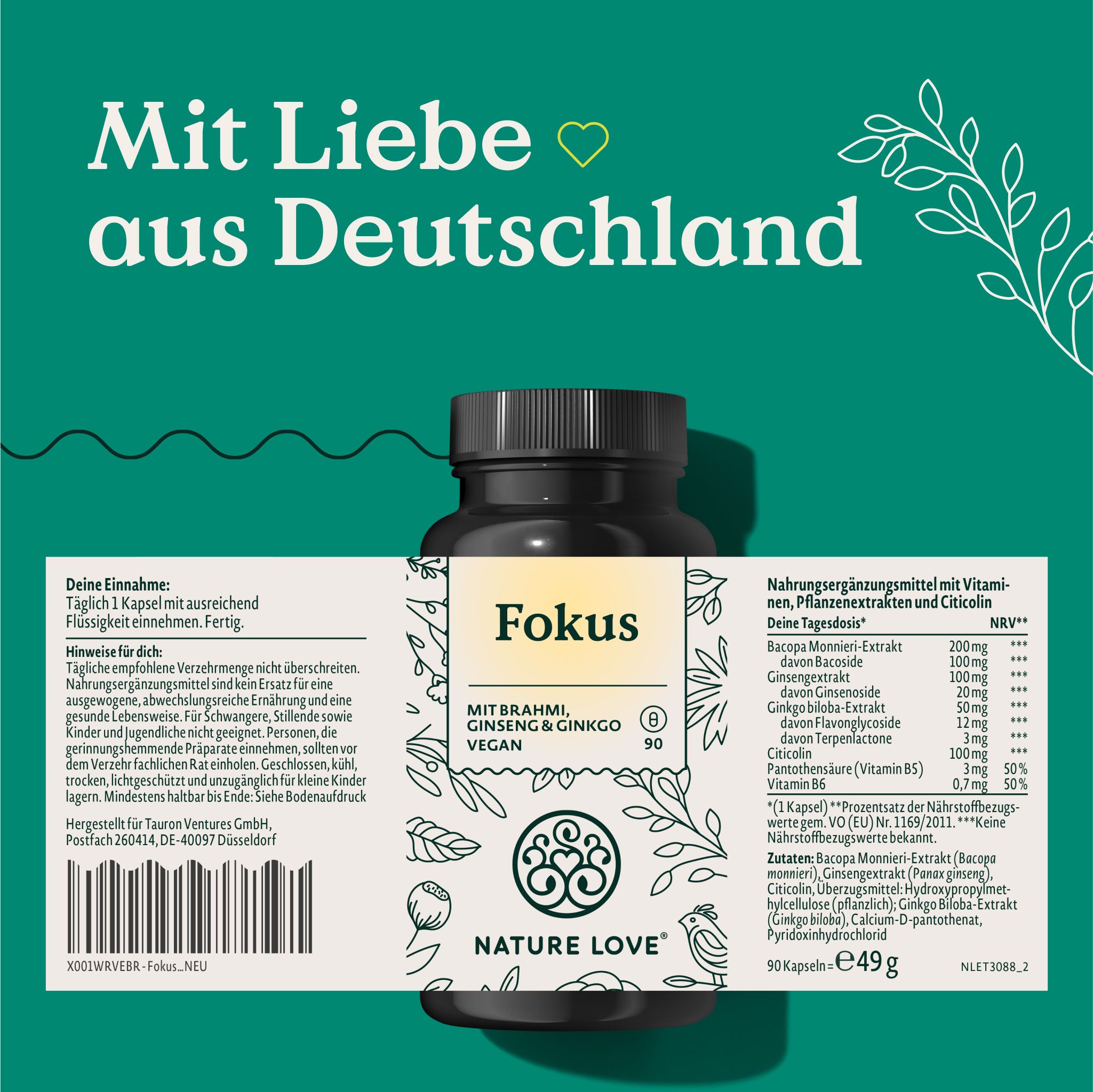 NATURE LOVE® Fokus – 90 Kapseln – mit Ginseng, Ginkgo Biloba, Brahmi & Cholin