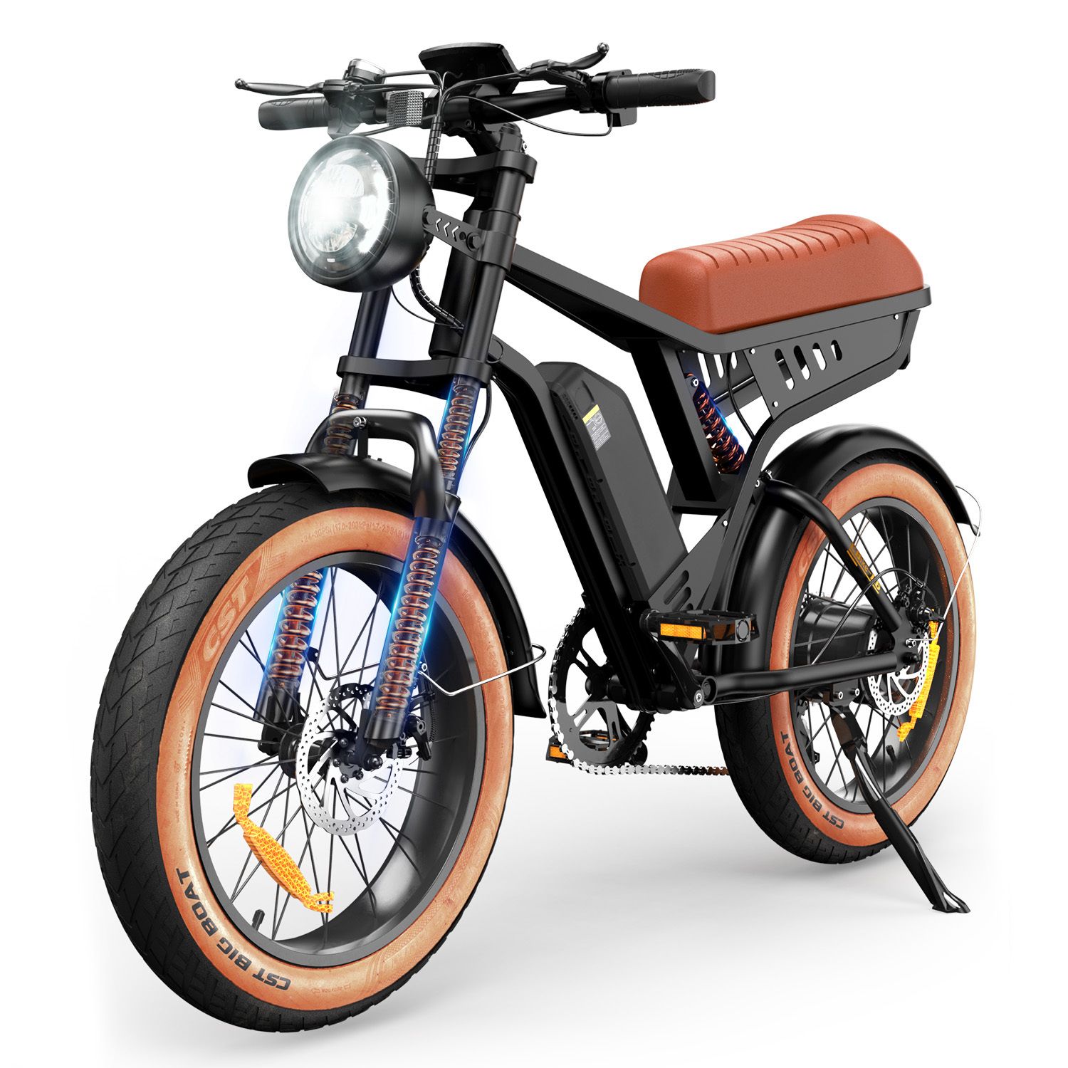 Schwarzes E-Bike mit braunem Sattel und Reifen. Große Reifen, Scheinwerfer und Batterie.
