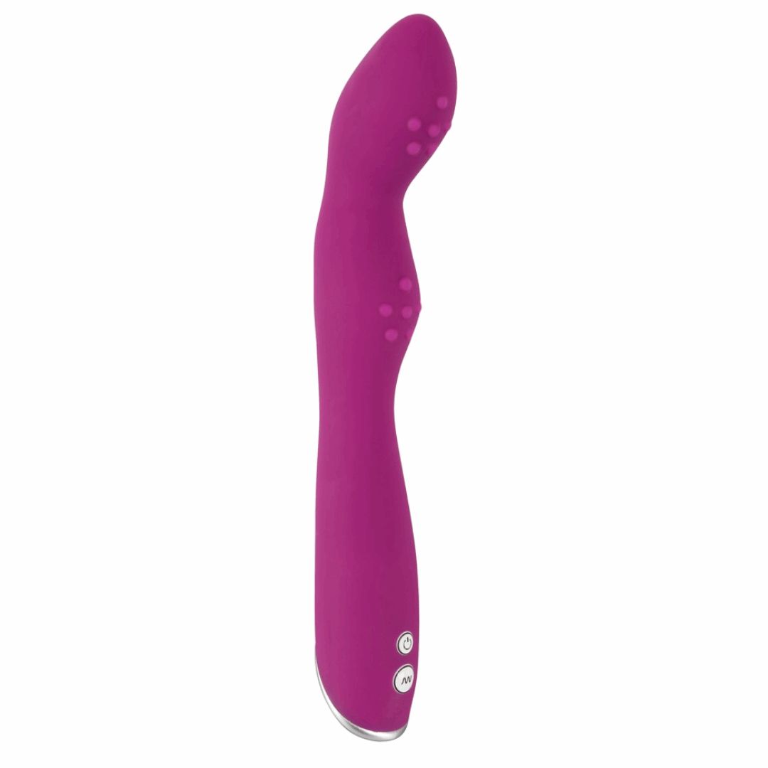 Lila Vibrator mit zwei Reizköpfen. Zwei Knöpfe am Griff. Silberne Akzente.