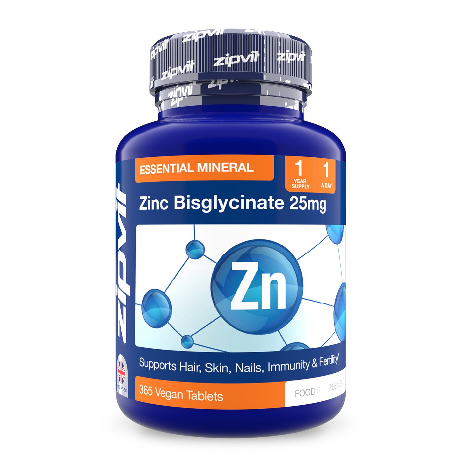 Blaue Flasche mit Tabletten. Text: Zink Bisglycinat 25mg. 365 Vegan Tabletten. Unterstützt Haut, Haare, Nägel, Immunität & Fruchtbarkeit.