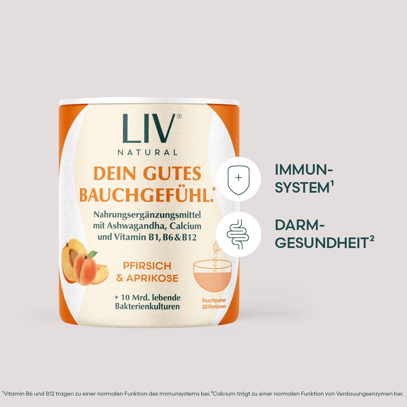 Dose mit Produktaufschrift. Text: Dein gutes Bauchgefühl, Pfirsich & Aprikose. Illustrationen von Pfirsichen und Aprikosen.