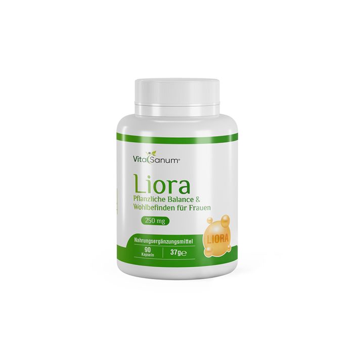 VitaSanum® Liora-Dose. Weißes Gefäß mit grünem Etikett. Aufschrift: Liora, 250 mg, 90 Kapseln. Gelbes Gummibärchen-Symbol.