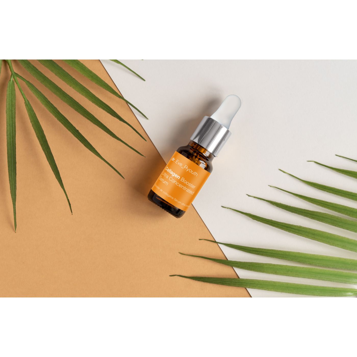 Braune Glasflasche mit Pipette. Aufschrift: Collagen Booster Ultra Concentrated Serum. Auf braun-weißem Hintergrund.