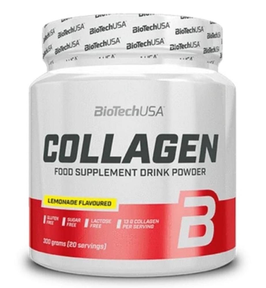 Weißes Dose mit rotem Etikett. Aufschrift: Collagen Food Supplement Drink Powder. Lemonade Flavoured. Glutenfrei, zuckerfrei, laktosefrei.