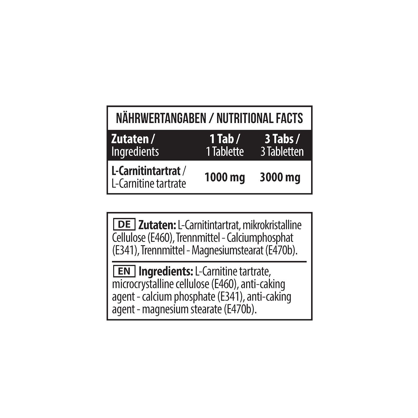 Nahaufnahme der Nährwertangaben. Enthält Informationen zu L-Carnitintartrat. Angaben in Deutsch und Englisch. Tabelle mit Inhaltsstoffen.