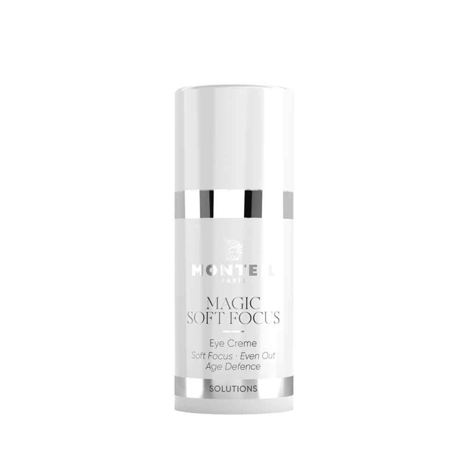 Weißer Zylinder mit silbernen Akzenten. Aufschrift: Monteil Paris, Magic Soft Focus, Eye Creme, Age Defence, Solutions.