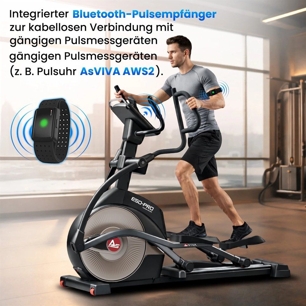 Mann trainiert auf AsVIVA Crosstrainer E50 mit integriertem Bluetooth-Pulsempfänger. Kompatibel mit Pulsuhren.
