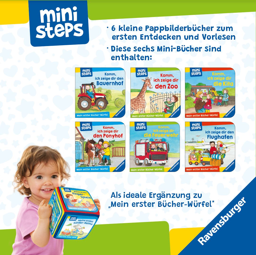 Sechs Mini-Bücher. Cover mit Titeln: Bauernhof, Zoo, Kita, Ponyhof, Feuerwehr, Flughafen. Kind hält Würfel. 'Ravensburger' Logo.