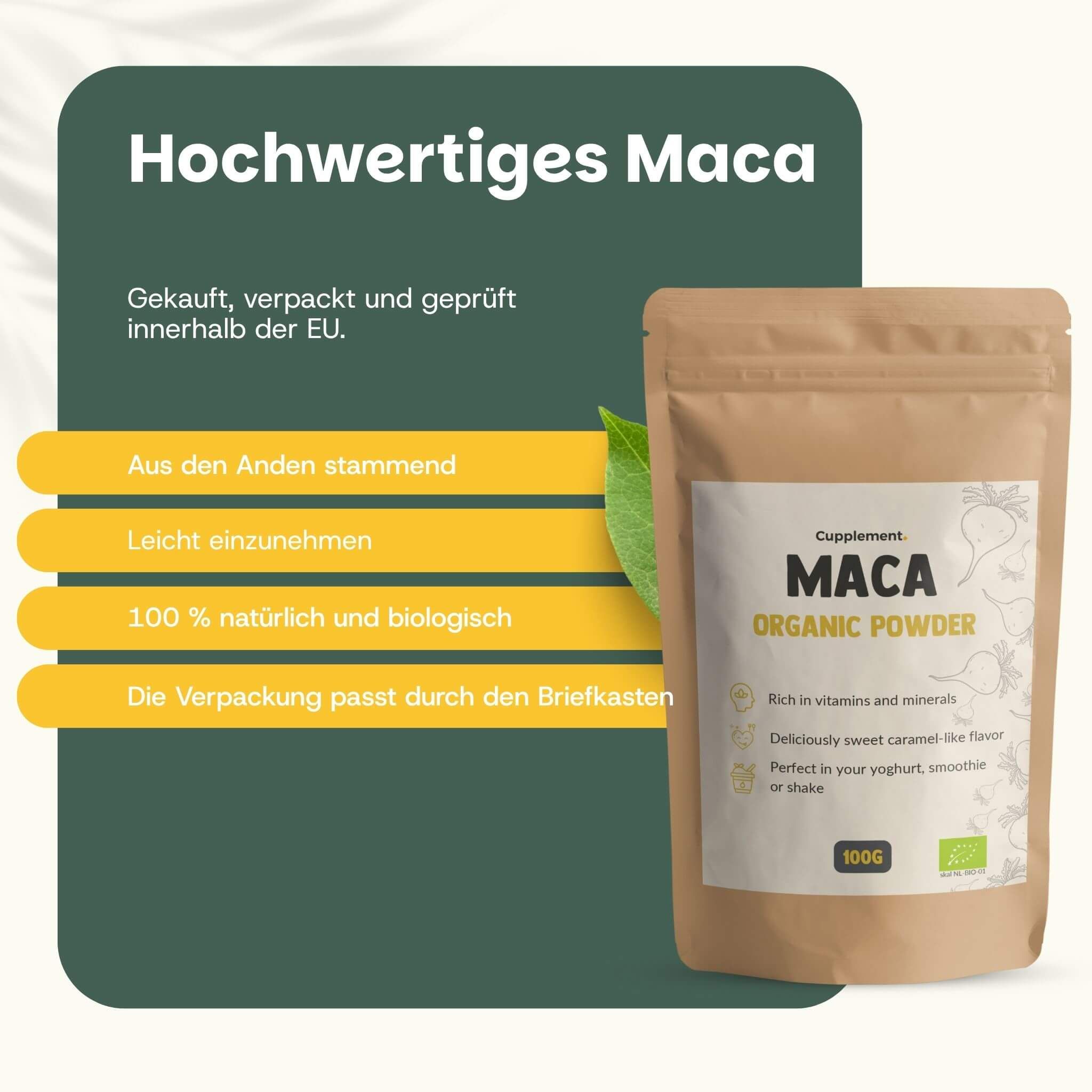 Beutel mit Maca-Pulver. Text: Hochwertiges Maca. Aus den Anden. 100% natürlich und biologisch.