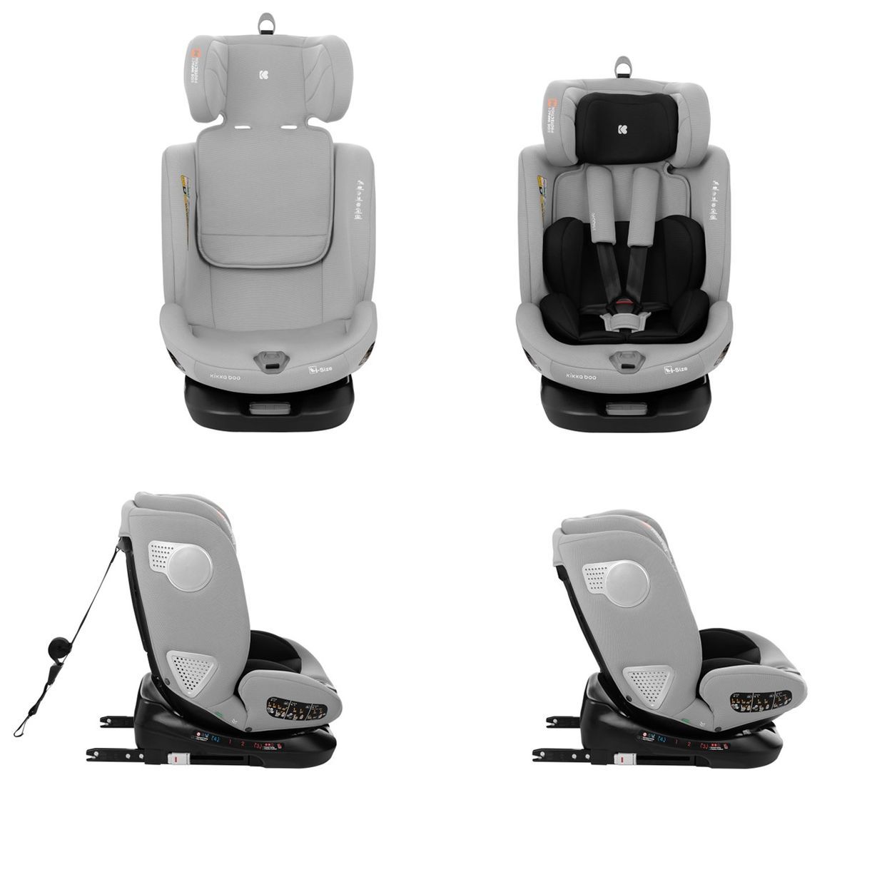 Grauer Kindersitz mit ISOFIX-Basis, drehbar, verschiedene Seitenansichten.
