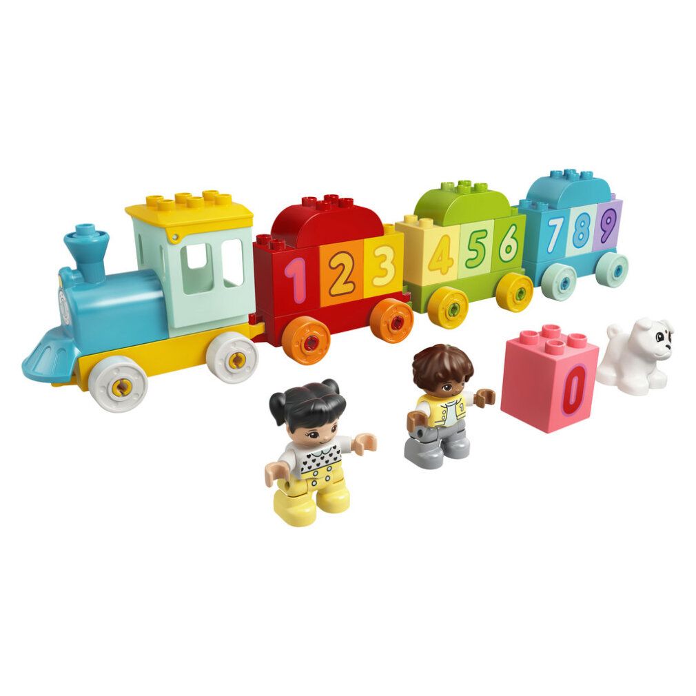 LEGO DUPLO Zahlenzug. Zug mit Lok, Waggons mit Zahlen 1-9, Figuren, Bausteine und Hund. Produktabbildung.