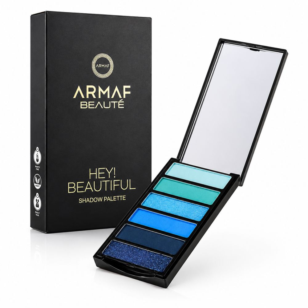 Armaf Hey Beautiful Lidschattenpalette mit sechs blauen und türkisfarbenen Lidschatten. Inklusive Spiegel und schwarzer Verpackung.