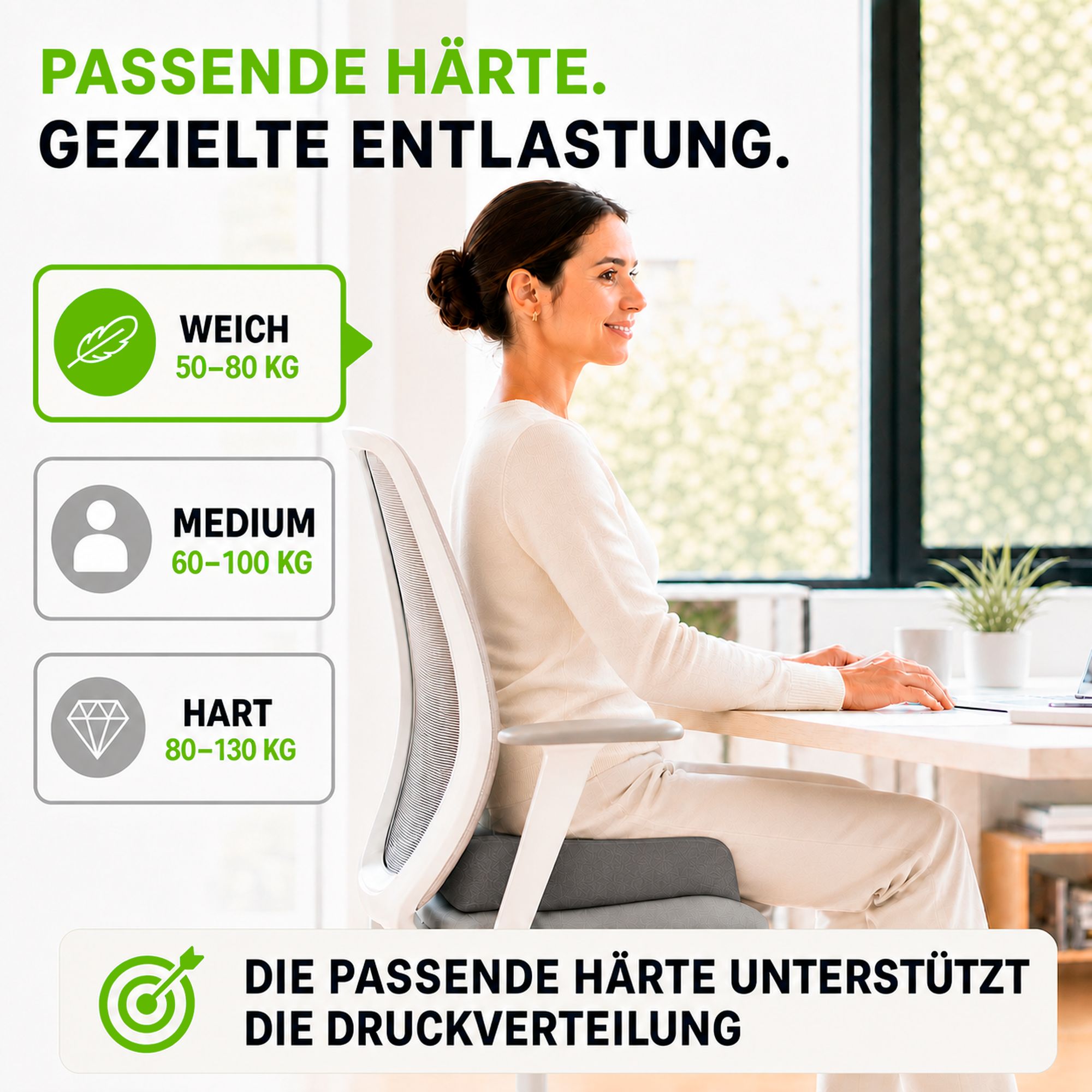 Frau sitzt am Schreibtisch, zeigt verschiedene Härtegrade des Kissens.