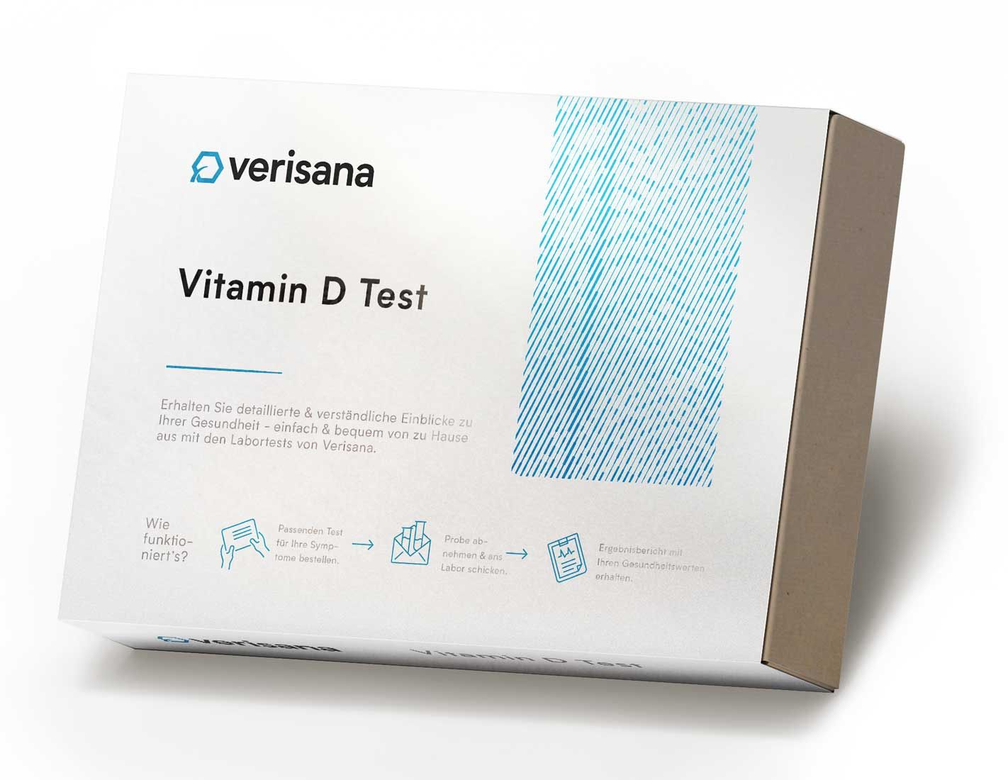 Verisana Vitamin D Test-Kit. Weiße Verpackung mit blauem Design. Schriftzug "Vitamin D Test".