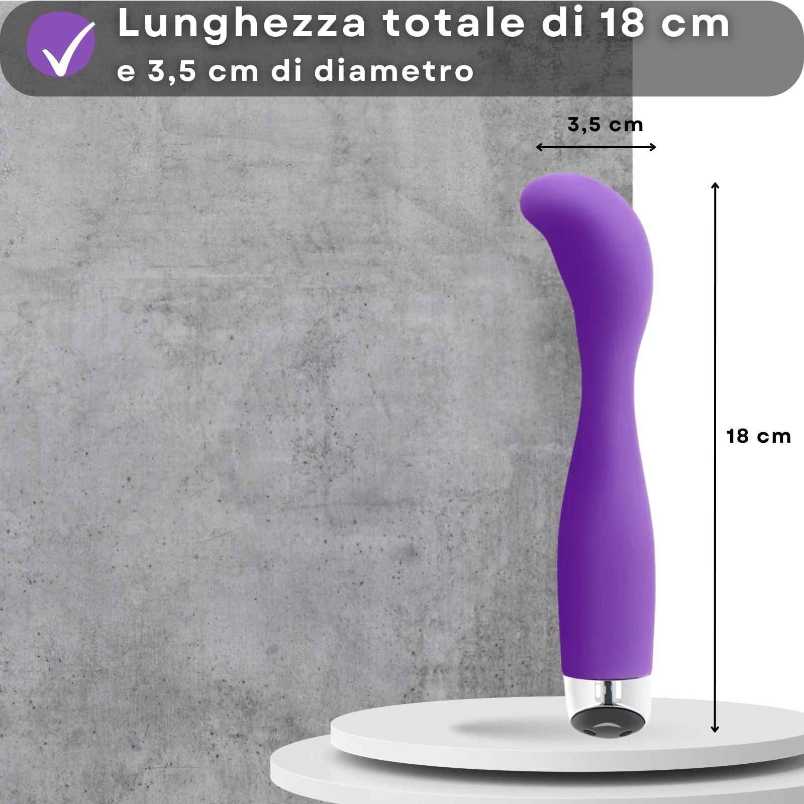 Vibratore viola. Silicone, forma curva. Testo: 18cm di lunghezza, 3,5cm di diametro.