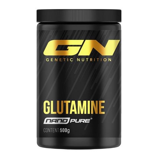 Schwarze Dose mit goldfarbenem "GN"-Logo und "GLUTAMINE"-Schriftzug. "Nano Pure" und "500g" sind ebenfalls sichtbar.