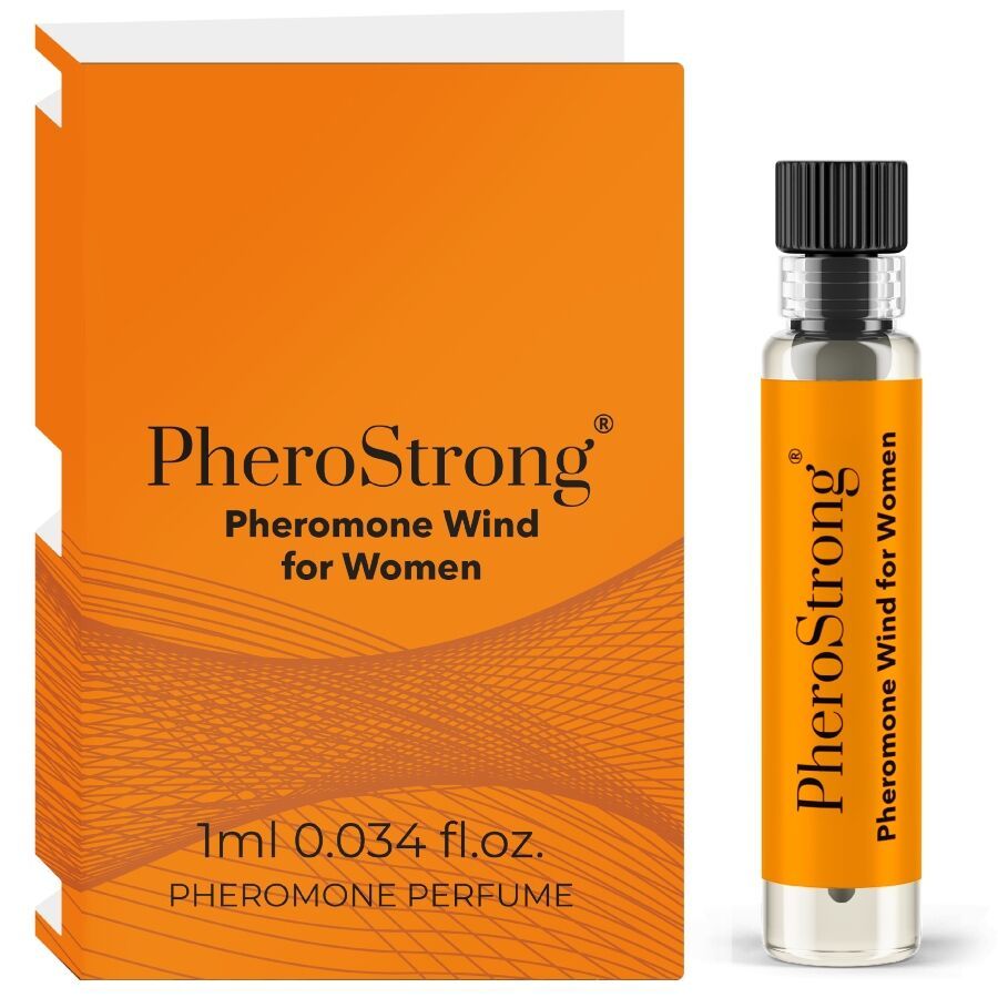 PheroStrong Pheromone Wind für Frauen. Orangefarbene Verpackung und Flakon. Schwarzer Verschluss.