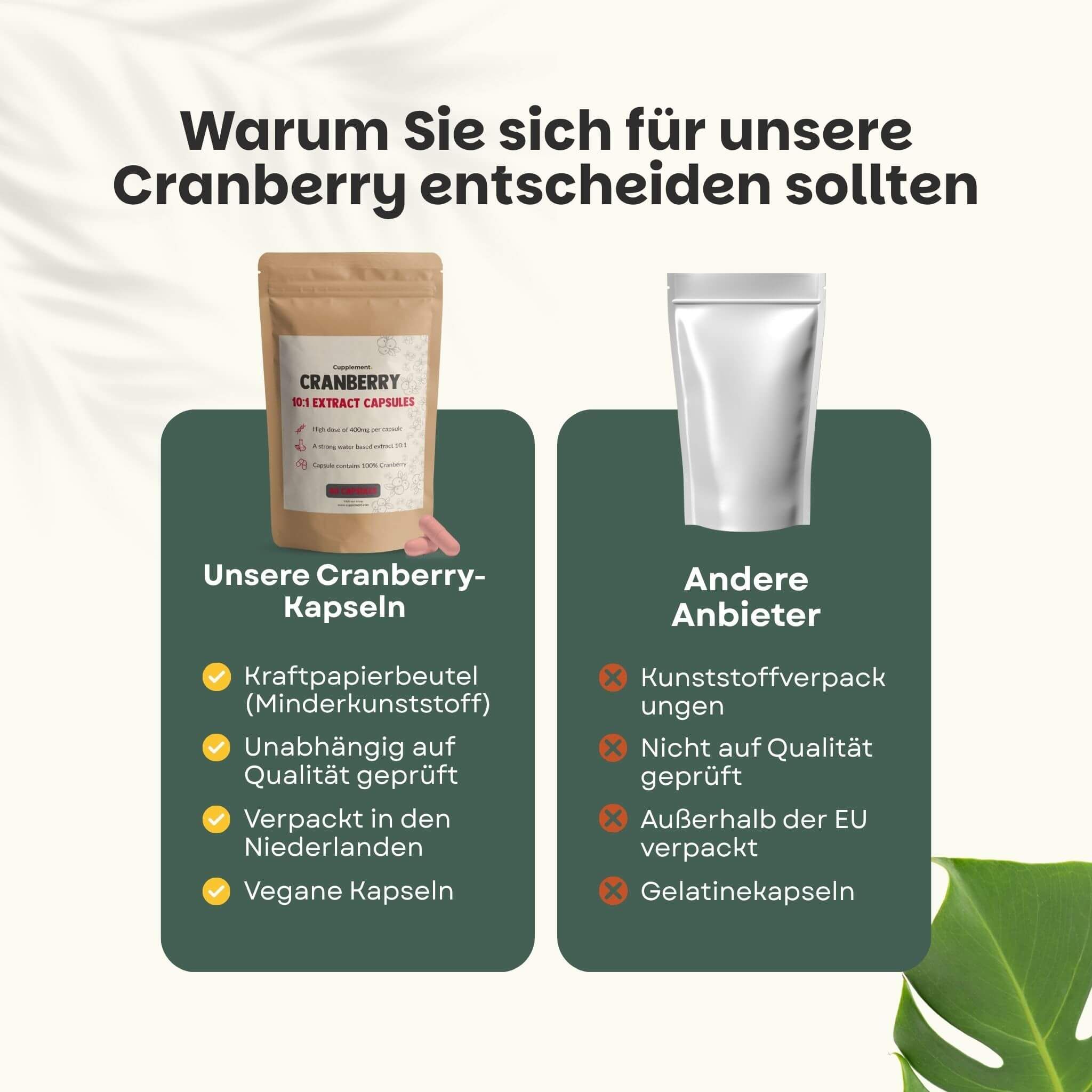 Vergleich von Cranberry-Kapseln mit anderen Anbietern. Text: Kraftpapierbeutel, vegane Kapseln.