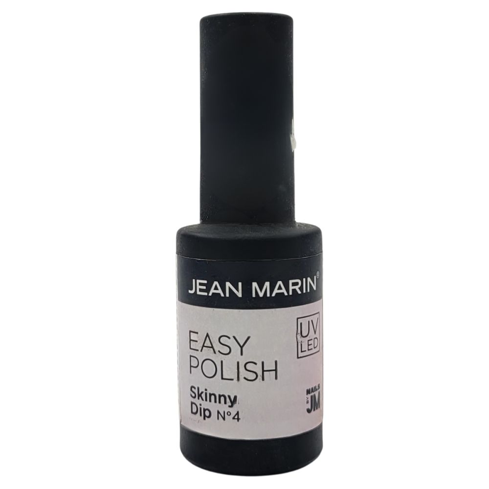 Nagellackflasche mit schwarzem Deckel. Aufschrift: JEAN MARIN, EASY POLISH, Skinny Dip N°4. Mit UV LED-Logo.