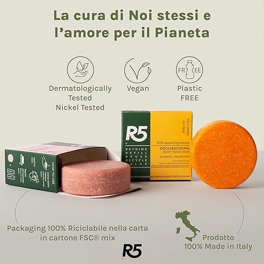 Rundes Seifenstück, gelbe und rosa Schachtel. Text: R5, Docciaschiuma, Vegan, Plastic Free, Made in Italy.