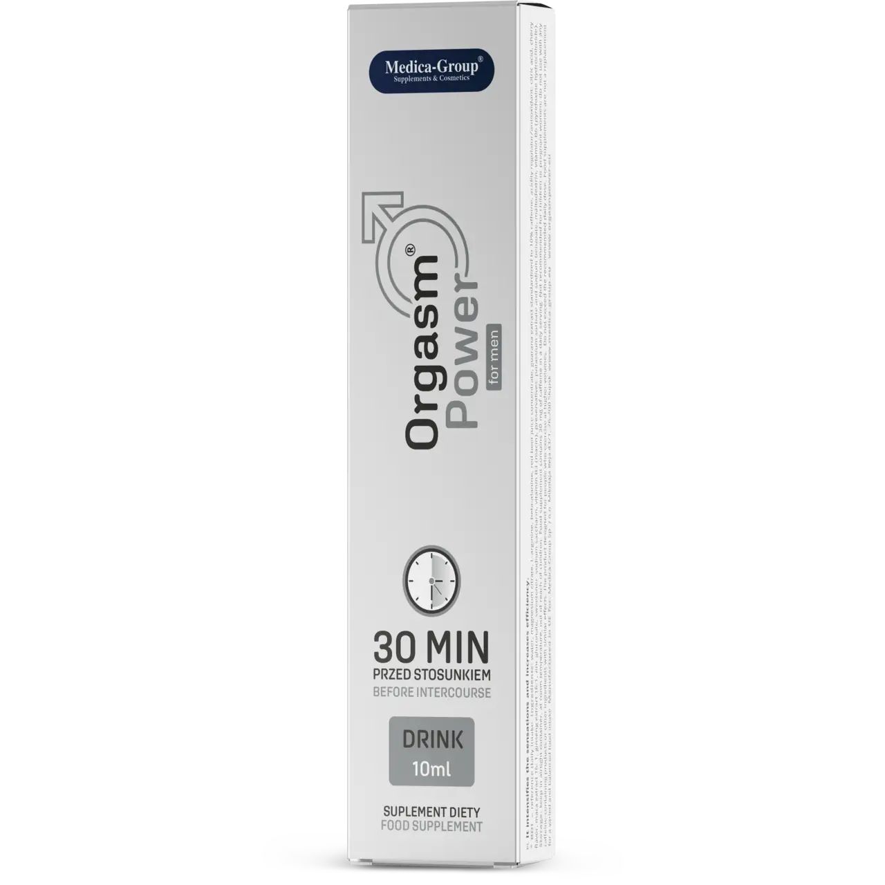 Schachtel "Orgasm Power for Men". Text: "30 MIN VOR INTERKURS". Marke: Medica-Group. Drink 10ml.