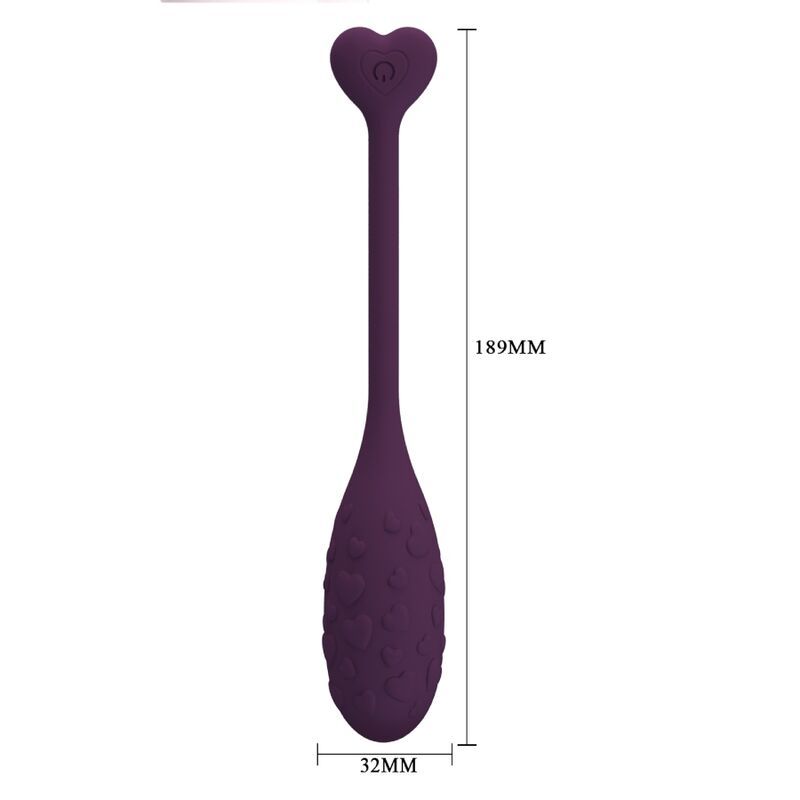 Lila Ei-förmiges Produkt mit Herz-Form am Ende. Oberfläche mit Herz-Mustern. Abmessungen: 189mm x 32mm.