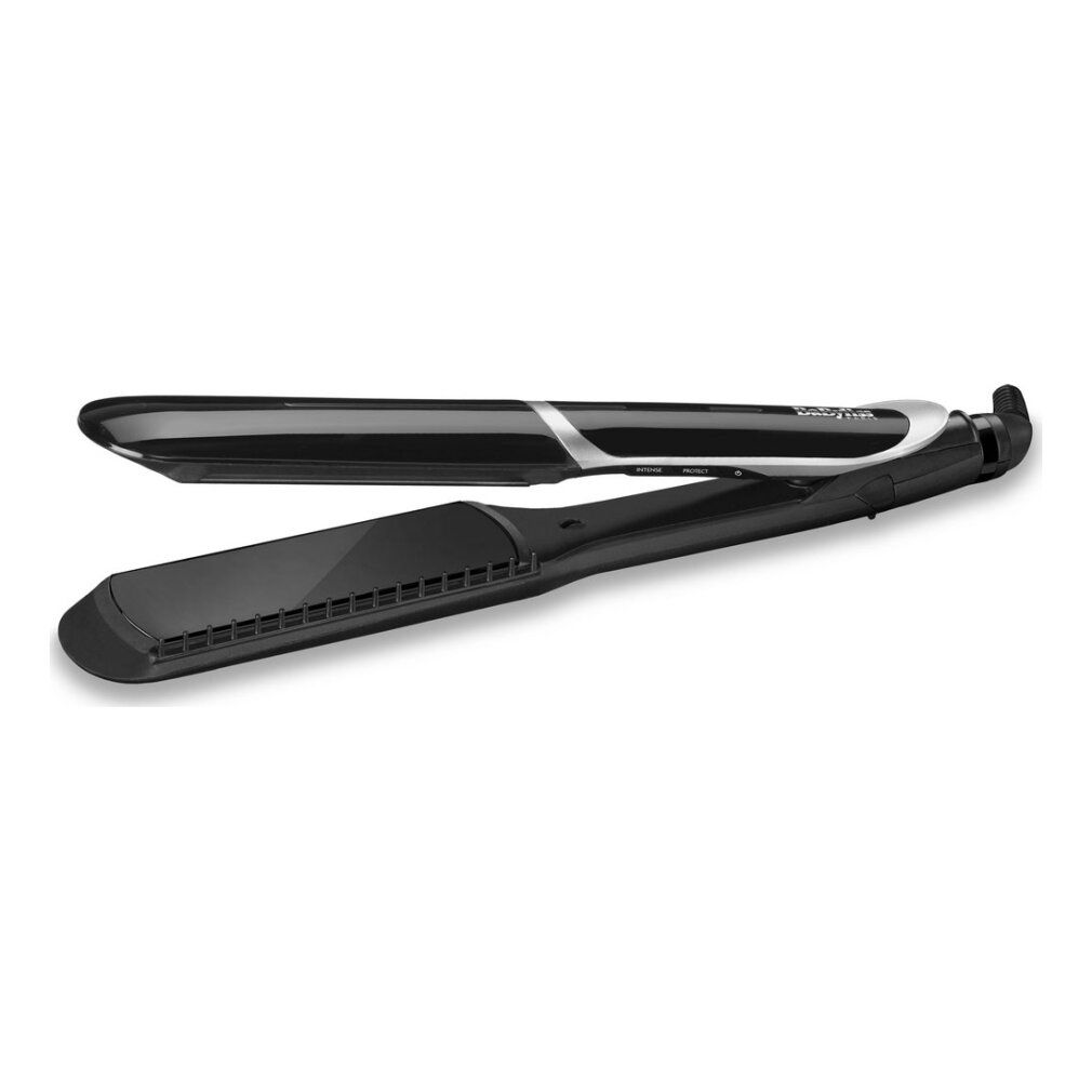 Schwarzer BaByliss Haarglätter. Schwarze Platten, silberne Akzente. Geöffnet, Ansicht von oben.