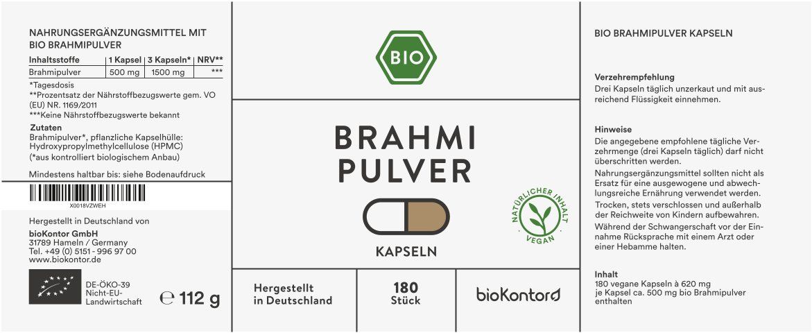 Etikett mit Informationen zu Brahmipulver Kapseln. Enthält Produktnamen, Inhaltsstoffe, Dosierung, veganes Logo und BIO-Siegel.