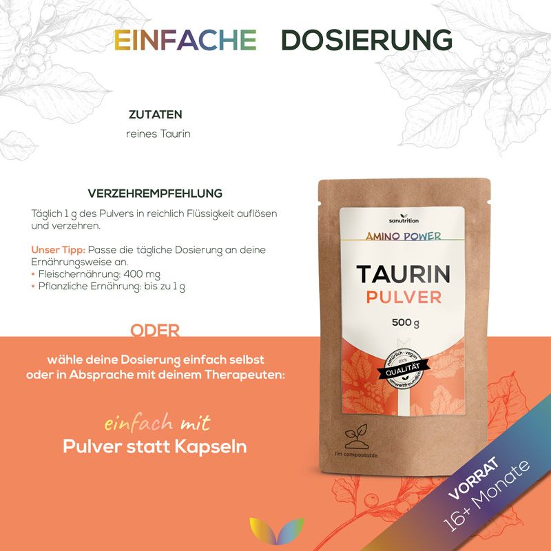 Braune Papierverpackung mit weißem Etikett. Aufschrift: Taurin Pulver, 500g. Logo: Sanutrition. Text: Einfache Dosierung. Vorrat: 16+ Monate.