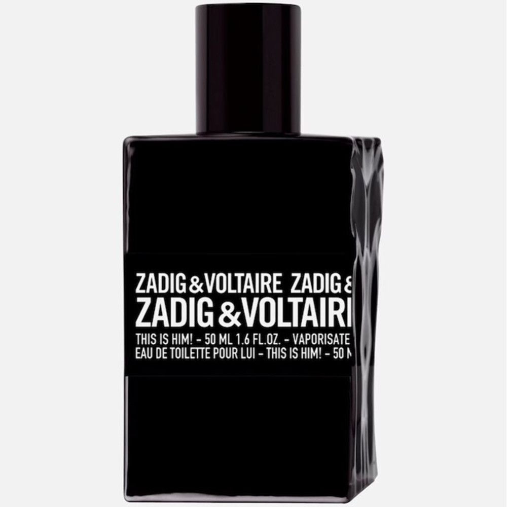 Schwarzer Flakon von Zadig & Voltaire This Is Him Eau de Toilette. Text: Zadig & Voltaire, This Is Him! 50 ml.