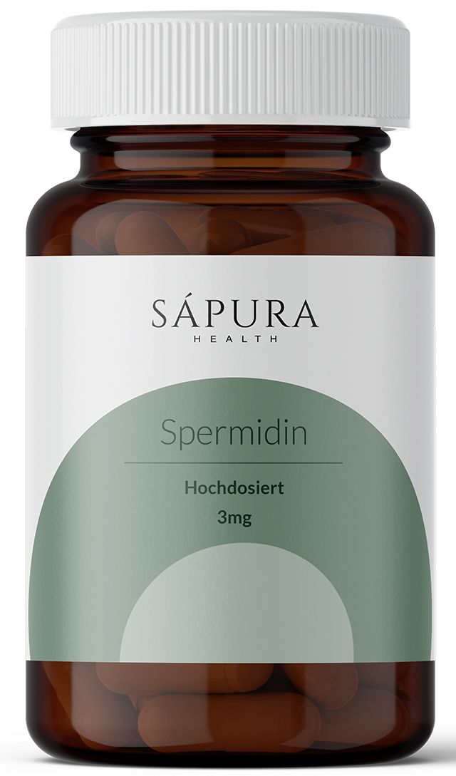 Braune Glasflasche mit weißen Etikett. Aufschrift: SÁPURA HEALTH, Spermidin, hochdosiert, 3mg. Enthält braune Kapseln.