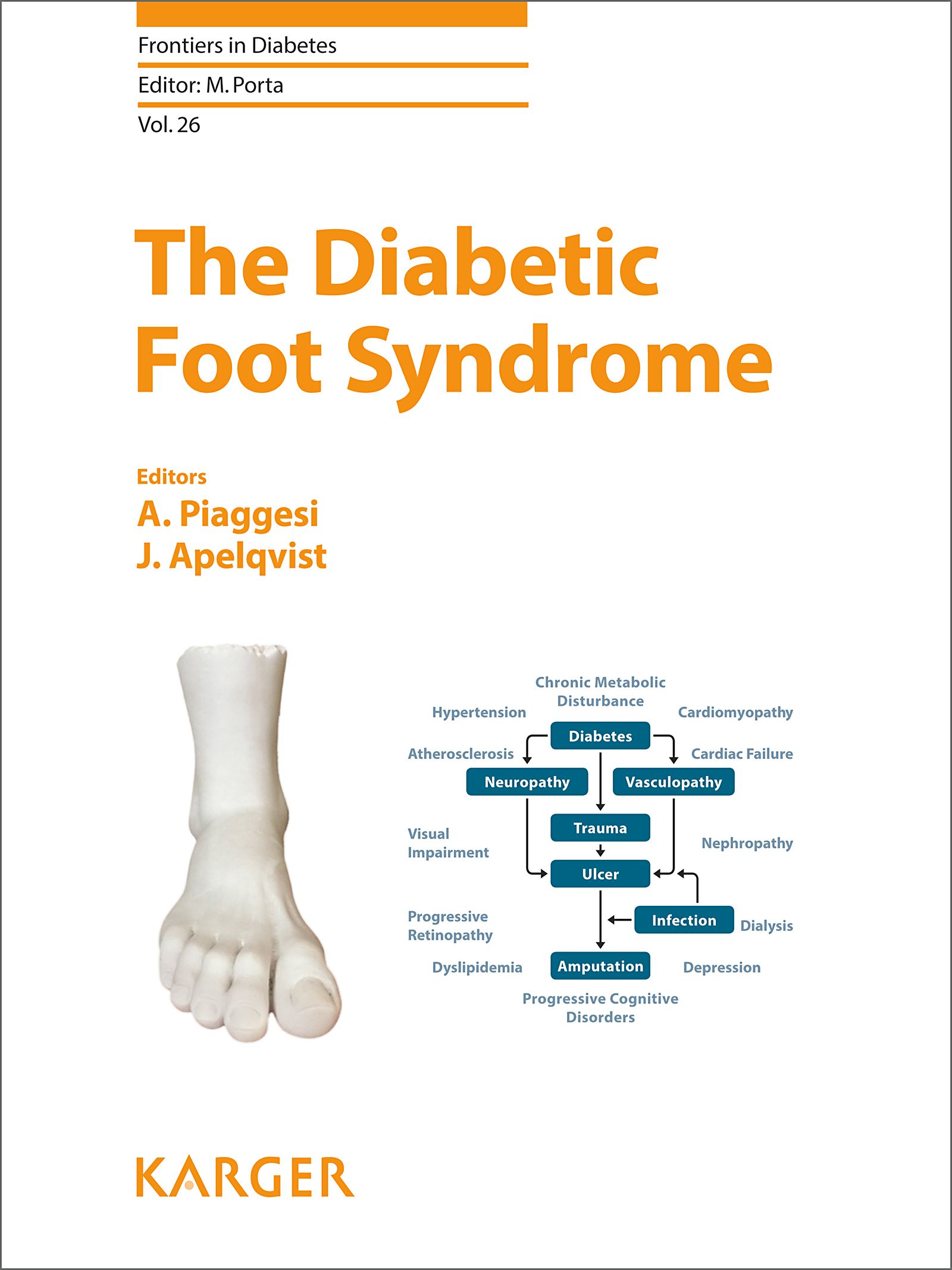 Buchcover: "The Diabetic Foot Syndrome". Titel in Orange. Autoren: A. Piaggesi, J. Apelqvist. Verlag Karger. Diagramm und Fußmodell.
