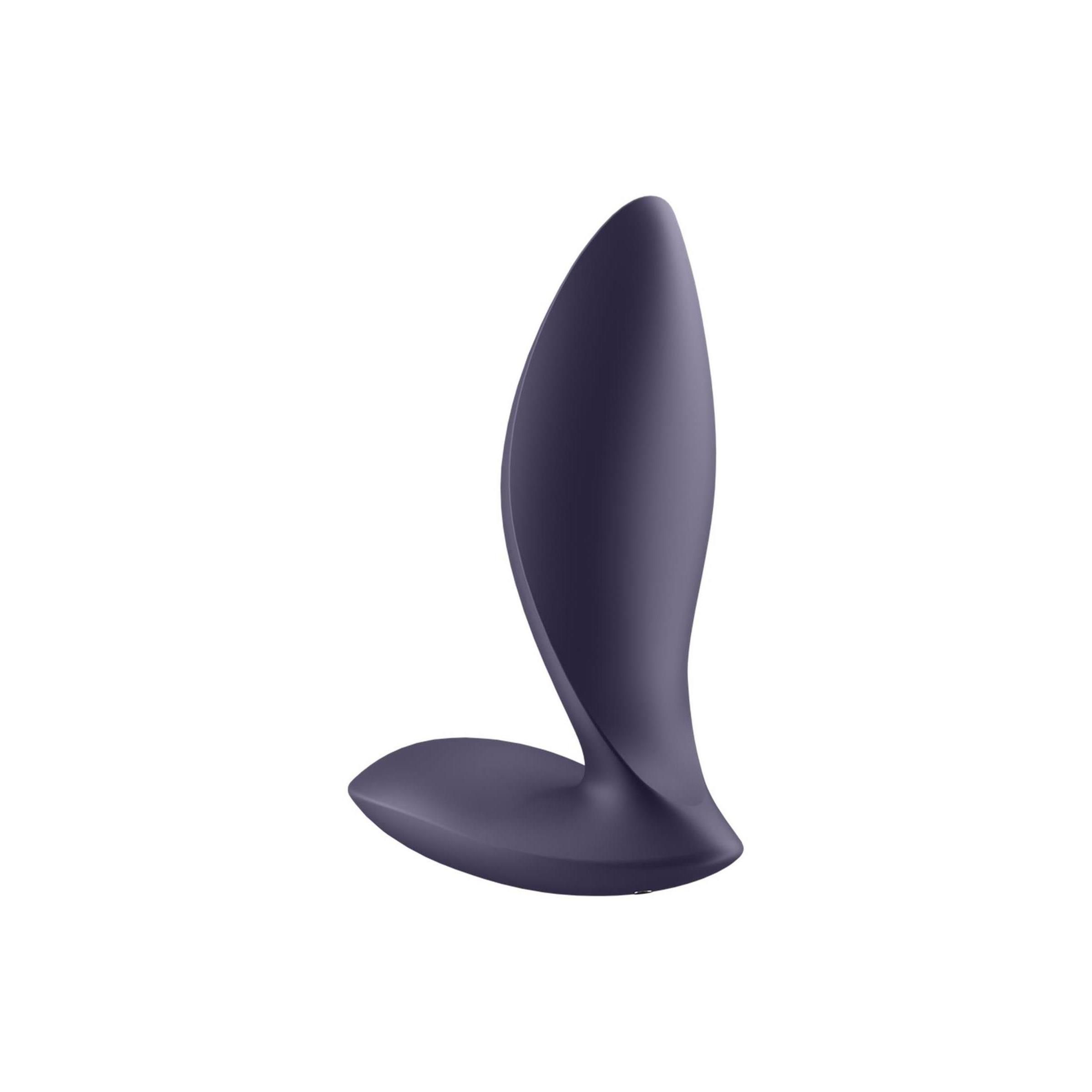 Dunkelvioletter Analvibrator. Tropfenförmiger Kopf, gebogene Form. Basis flach.